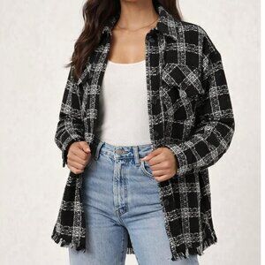 House of Harlowe 1960 black white plaid fringe trim shacket jacket size S